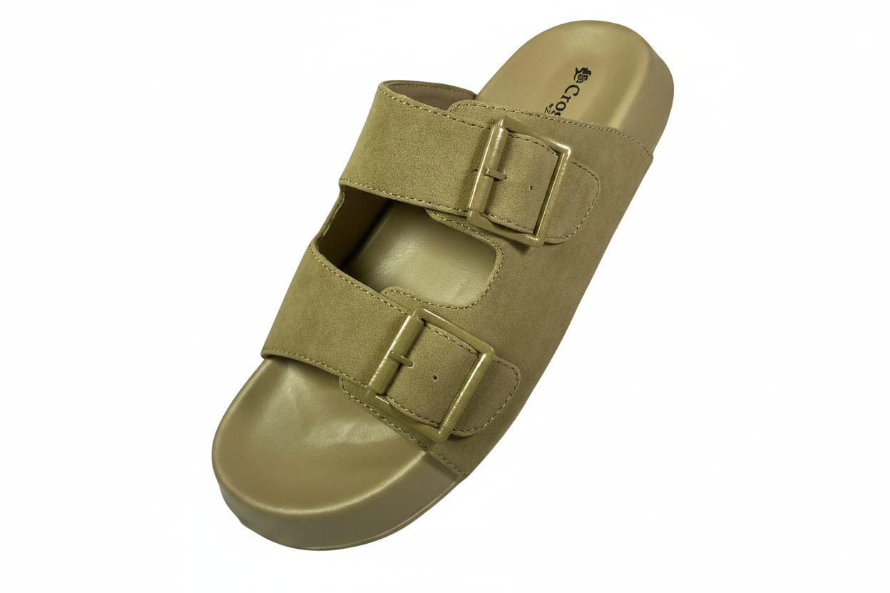 Beige Double Buckle Chappal - White Background