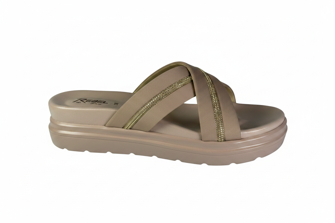 Beige Ladies Cross Chappal - White Background