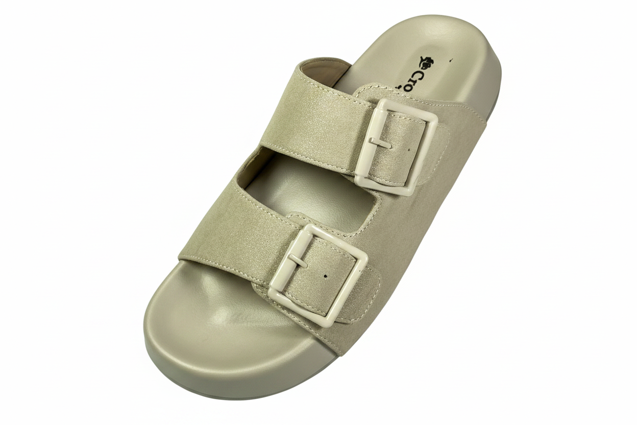 Cream Double Buckle Chappal - White Background