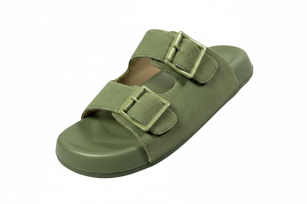 Olive Green Double Buckle Chappal - White Background